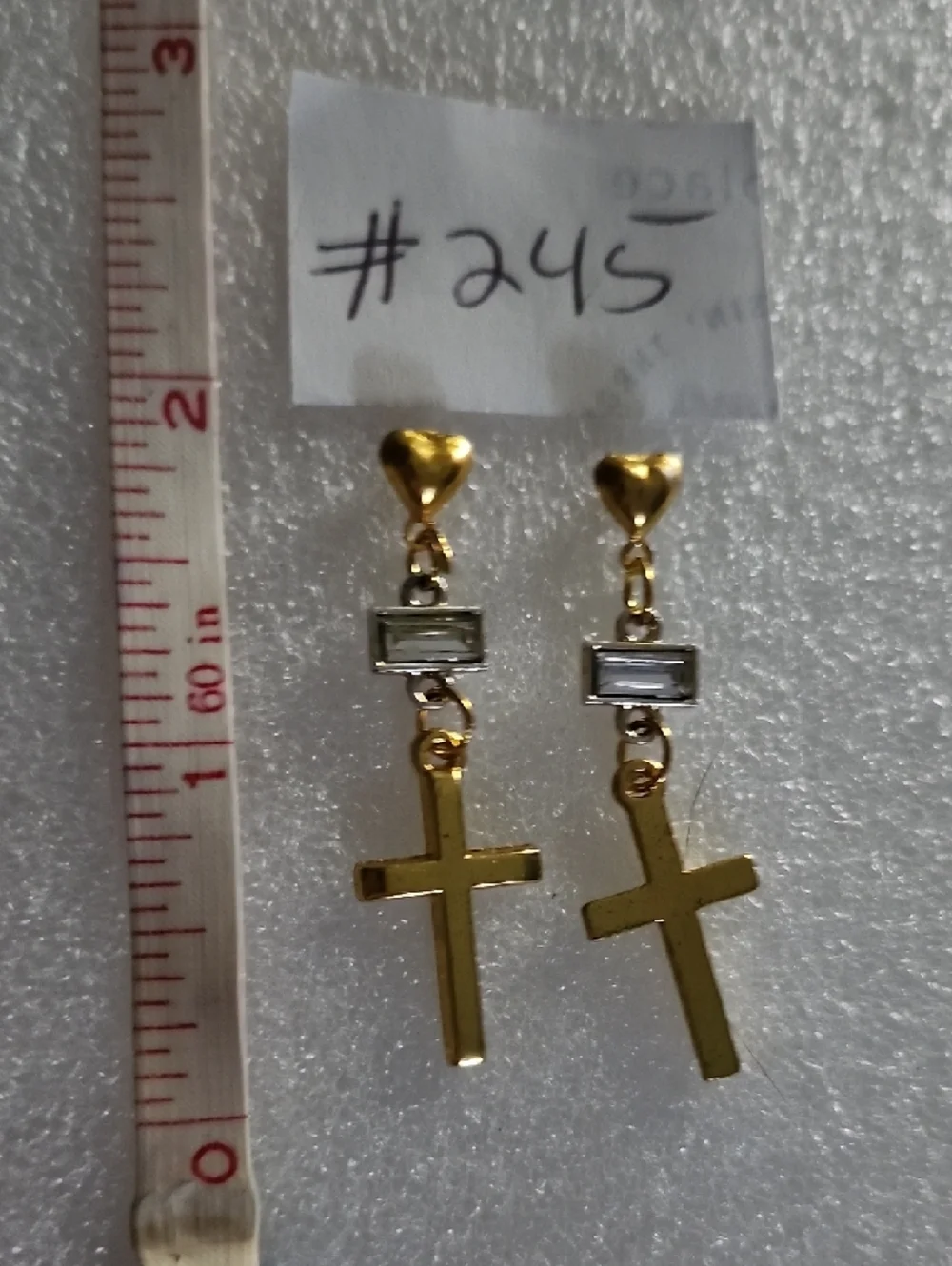 Hand Crafted Gold Cross Drop Earrings with Clear Stone